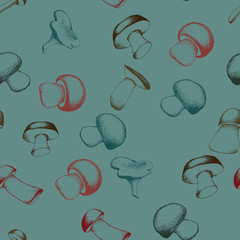 Hand drawn seamless pattern with mushrooms.