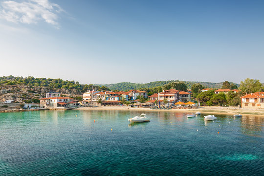 Sunrise view at the bay of Ormos Panagias, Sithonia, Khalkidiki, Greece.