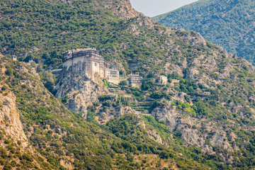 Fototapeta na wymiar Sea view at one of the monasterys of Saint Athos, Khalkidiki, Greece.