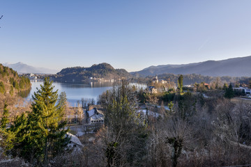 Scenic view of lake against clear sky, Bled, Slovenia