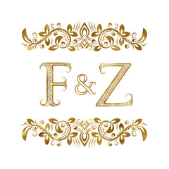 F and Z vintage initials logo symbol. The letters are surrounded by ornamental elements. Wedding or business partners monogram in royal style.