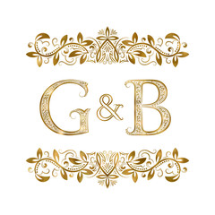 G and B vintage initials logo symbol. The letters are surrounded by ornamental elements. Wedding or business partners monogram in royal style.