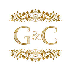 G and C vintage initials logo symbol. The letters are surrounded by ornamental elements. Wedding or business partners monogram in royal style.