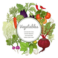 Vintage vegetables laid out in a circle with space for text.