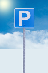 Parking sign on sky and cloud background.