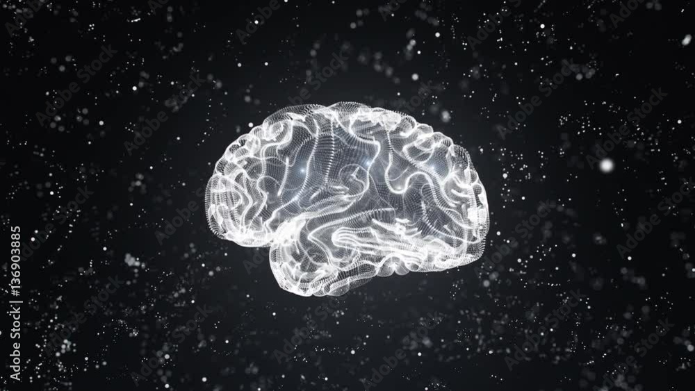 Poster computer animation on glowing human brain rotating against black background illuminated with grey co