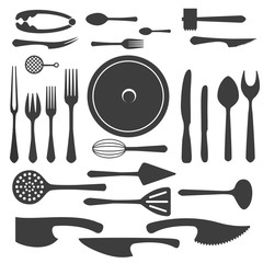 Vector cutlery black silhouettes. Knife, fork big dish isolated on white background