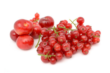 cherries and red currants on a white background