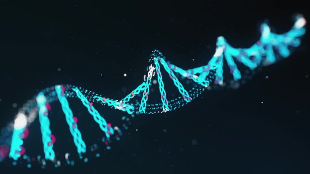Computer animated blue DNA molecule in double helix shape spinning against black background