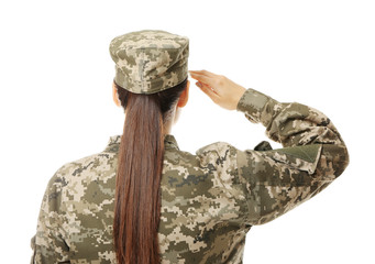Pretty female soldier saluting on white background