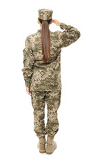 Pretty female soldier saluting on white background