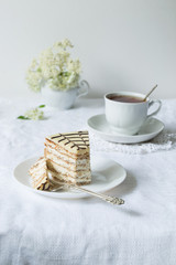Piece of esterhazy torte (cake) with tea
