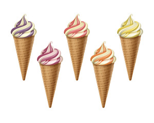 Vector set of Striped Colorful Brown Orange Yellow Purple Soft Serve Ice Cream Waffle Cone in Pink White Carton Wrapper Close up Isolated on White Background