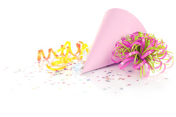 Party hat and colorful confetti  on white background