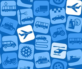 Air transport, colored background, seamless. White and light blue, flat icons airplanes and helicopters on a blue background. Vector background. Public transport. 