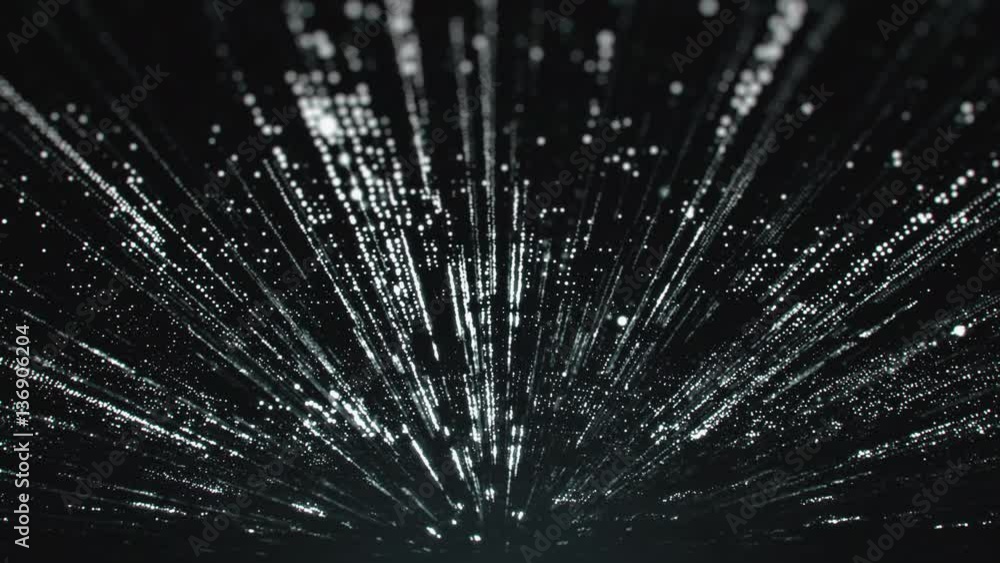 Poster digitally generated animation of shining light particles radiating from the center towards the edges