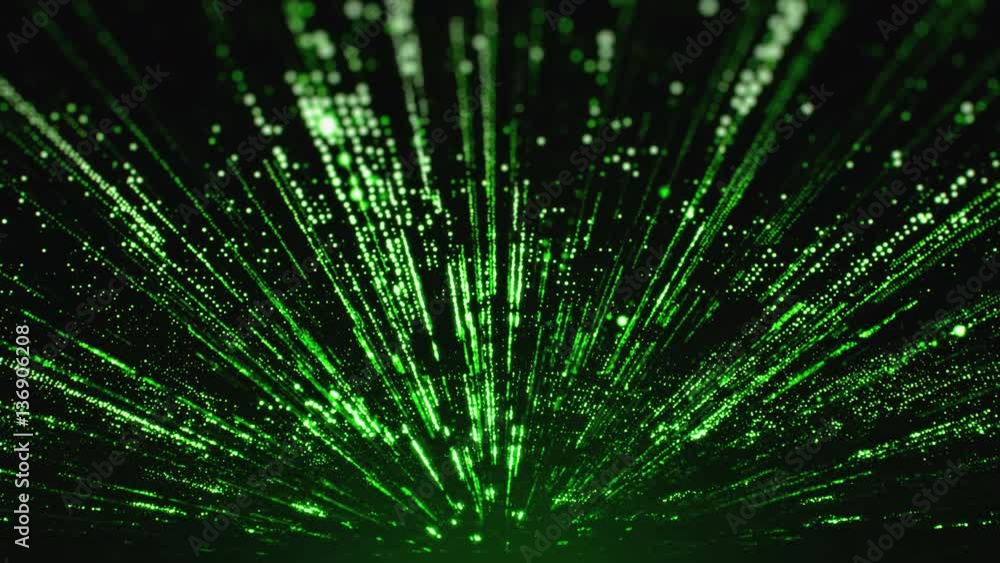Poster computer animation of green light particles radiating from the center towards the edges on black bac
