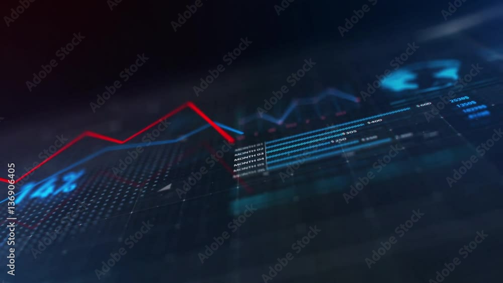 Poster business background with appearing red and blue lines on screen with financial data on it
