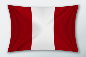 Obraz premium Peru national flag. Symbol of the country on a stretched fabric with waves attached with pins. Realistic vector illustration.