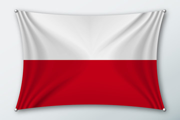 Poland national flag. Symbol of the country on a stretched fabric with waves attached with pins. Realistic vector illustration.