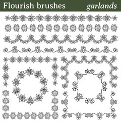 Flourish brushes, garland. You can draw any line or path and apply a brush. Also, you can make frames with different shapes (round, square,...) because all brushes include outer and inner corner tiles