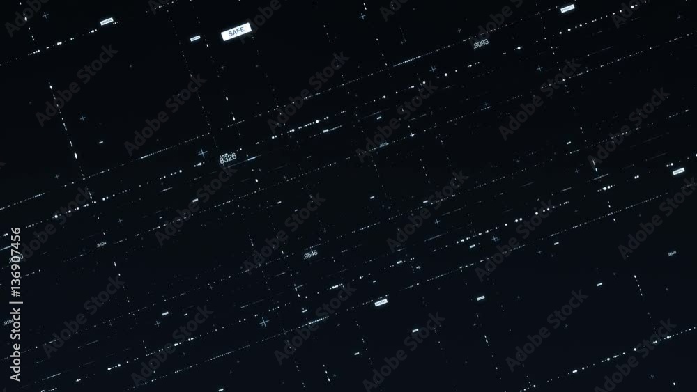 Poster high-tech grid flying through black virtual space towards camera. concept of internet connections an