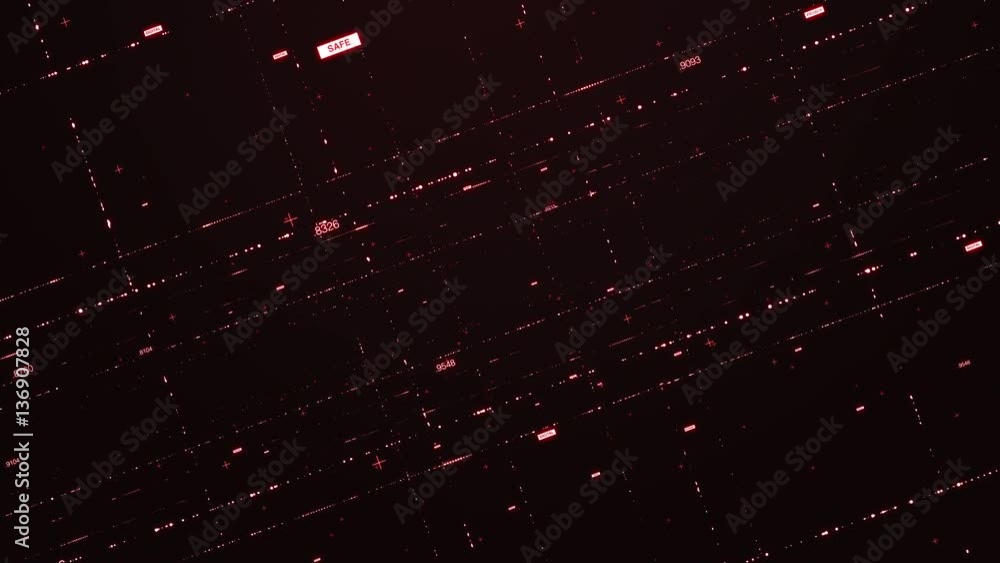 Poster digitally animated grid of red color flying through black virtual space towards camera. concept of i
