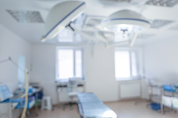 Fototapeta na wymiar Interior of operating room in modern clinic, blurred view