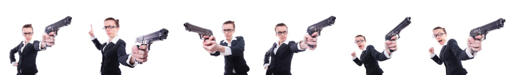 Woman with gun isolated on white