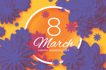Obraz premium Blue Paper Cut Flower. 8 March. Origami Women's Day. Circle Frame. Space for text