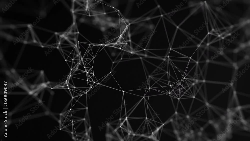 Poster digitally animated geometrical background with white lines and dots against black background