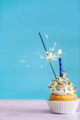 Birthday cupcake with candle and sparkler on color background