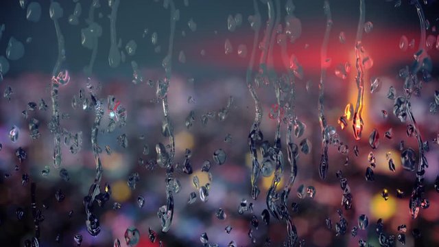 Animated background with drops of pure water flowing down window glass with defocused street lights behind it