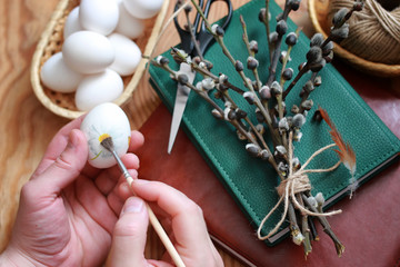 willow and egg on a wooden background