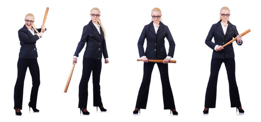Fototapeta na wymiar Businesswoman with baseball bat on white