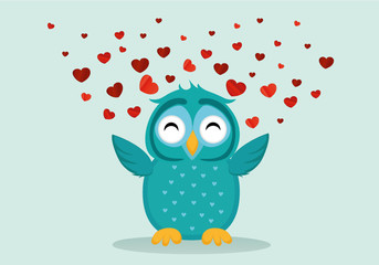 Cute Blue Owlet happy smiles and spreads wings hearts up. Greeting card