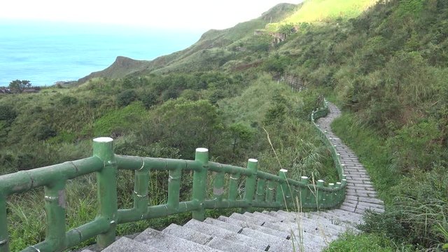 4K landscape of long stairs in the TeaPot Mountain in Jinguashi town with sundown in  New Taipei City, Jiufen Old Street, Jishan Ruifang District, Attractions in Xinbei, Taiwan-Dan