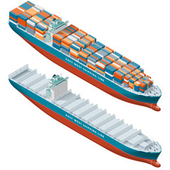 Container ship laden and empty, isometric icon set