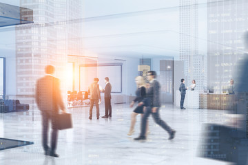 Business people rushing through office, city