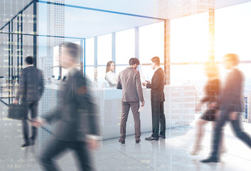 People near reception, open office, skyscraper