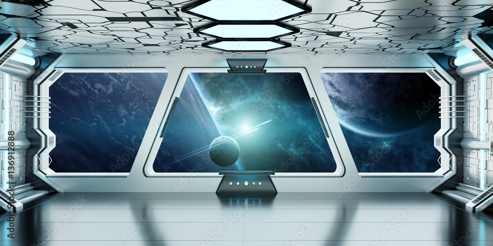 Aufkleber spaceship interior with view on distant planets system 3d render