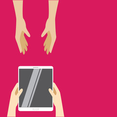 White tablet computer pass from hand to hand on a pink background. Vector illustration in flat design. The concept of web design, templates, promotion, infographics. vector illustration