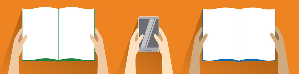 Hands holding open book and smartphone. Top view. Flat design modern vector illustration isolated on orange background. Reading concept