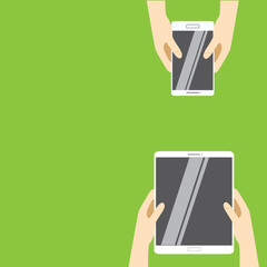 Hands holding white tablet computer and white smartphone on a green background. Vector illustration in flat design. Concept for web design, promotion templates, infographics. vector illustration