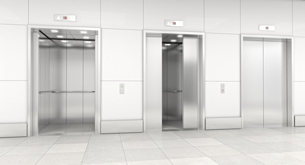 3 elevators steel metal open doors closed. choice, opportunity, decision © tiero