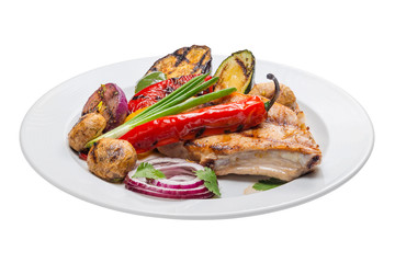 Steak seasoned with pepper and vegetables