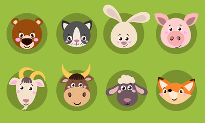 Big set head of animals icons. Vector collection funny face of animals. Cute face of animals: pig, cow, bear, cat, fox