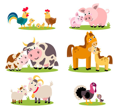 Big set isolated farm birds, animals. Vector collection funny animals, mothers and their children. Cute domestic animals in cartoon style. Pig, rooster, hen, chicken, horse, cow, , turkey, goat