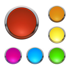 Set of colored vector round web buttons with metal frame, isolated on white