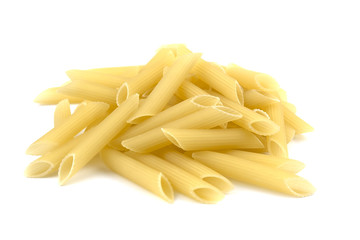 A portion of penne pasta isolated on white